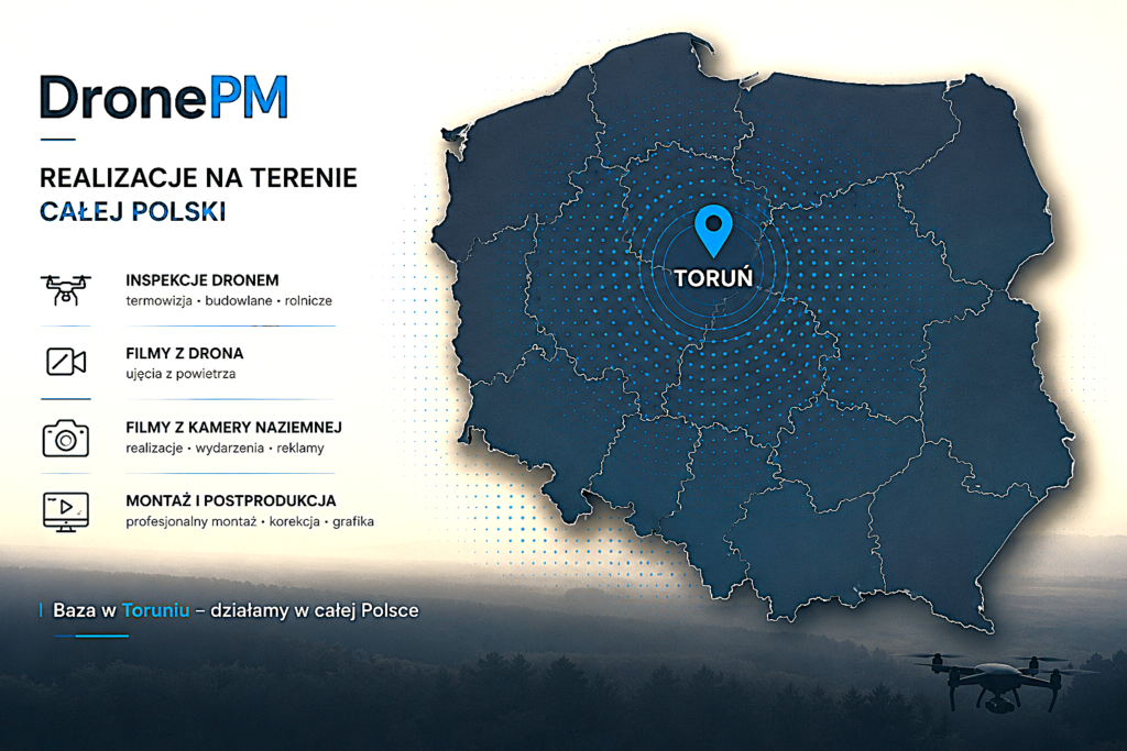 Mapa Polski z zaznaczonym Toruniem – realizacje DronePM na terenie całej Polski